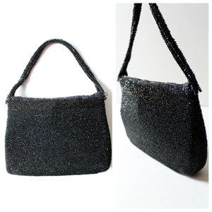 Vintage VTG 1950s Black Sparkly Beaded Evening Handbag | Formal | 50s | Evening